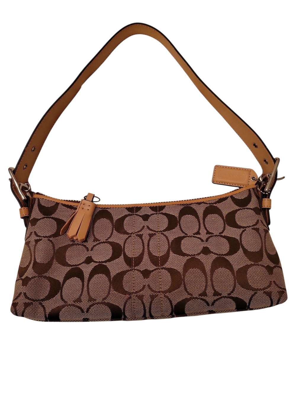 Coach Brown Signature Jacquard Demi Bag with Tan Leather Trim